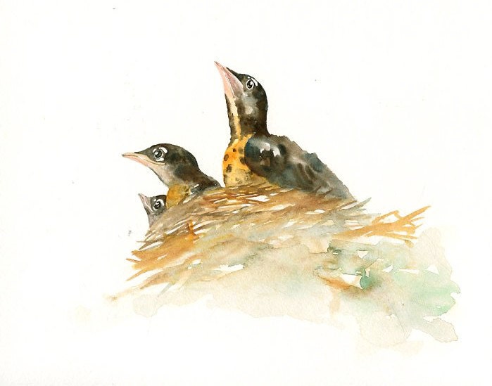 FAMILY BIRDS Original watercolor painting 10X8inch