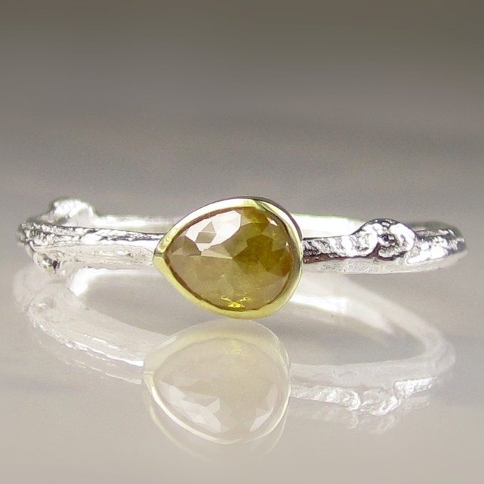 Rose Cut Diamond Twig Ring - 18k Gold and Sterling Silver - Engagement Ring