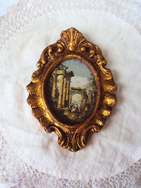 Vintage Italian Florentine Victorian Picture and Frame Rococo Hollywood Regency