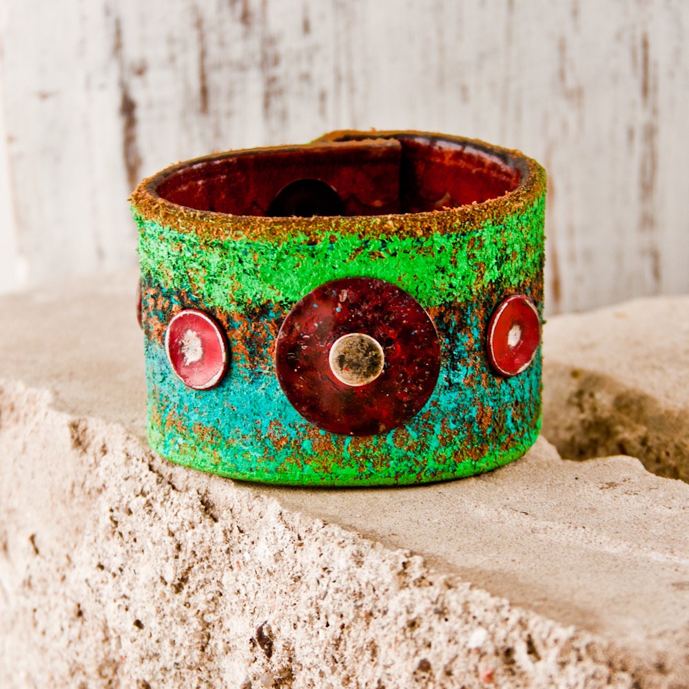 Spring Fashion Leather Cuff Nature Eco Friendly Bracelet Floral Garden Jewelry OOAK - Festival