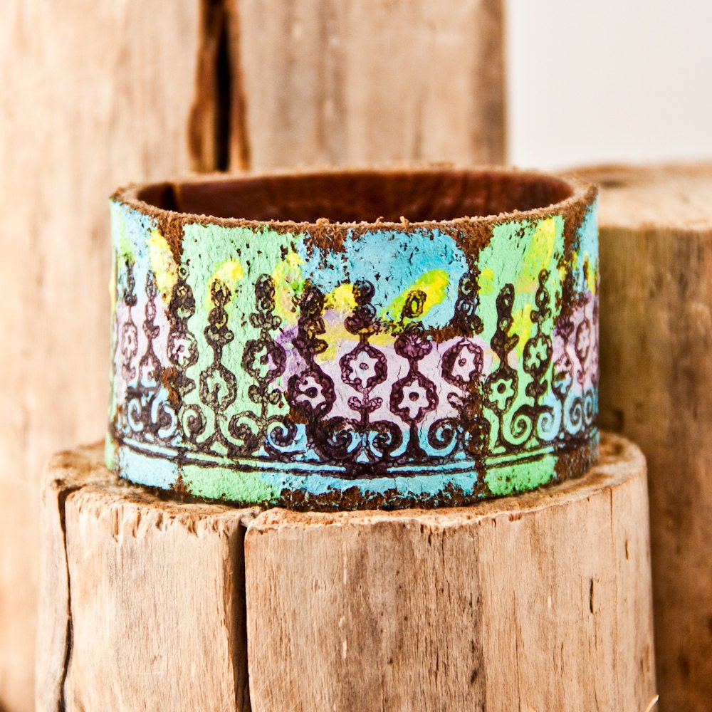 Flower Cuff Bracelet / Summer Jewelry - Leather Wristband - Boho Chic - SALE