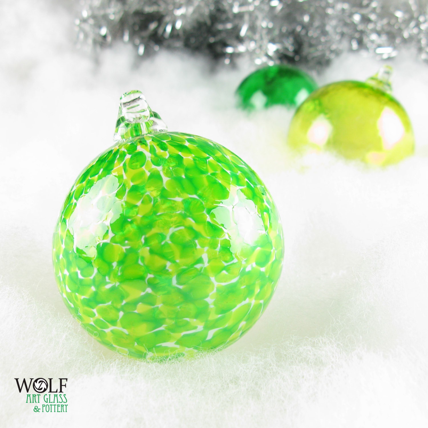 Blown Glass Ornament Suncatcher Neon Green White Speckle Glass Bulb Ornament