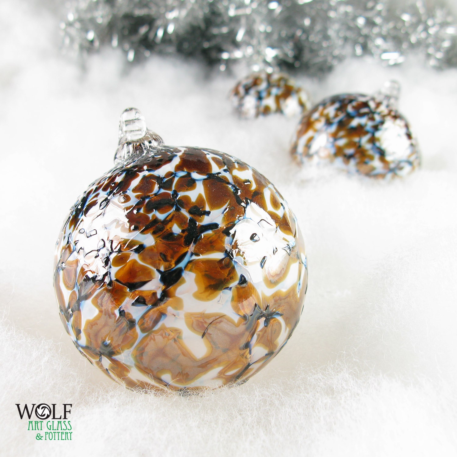 Blown Glass Christmas Ornament Ball Suncatcher Amber Brown White and Black Granite