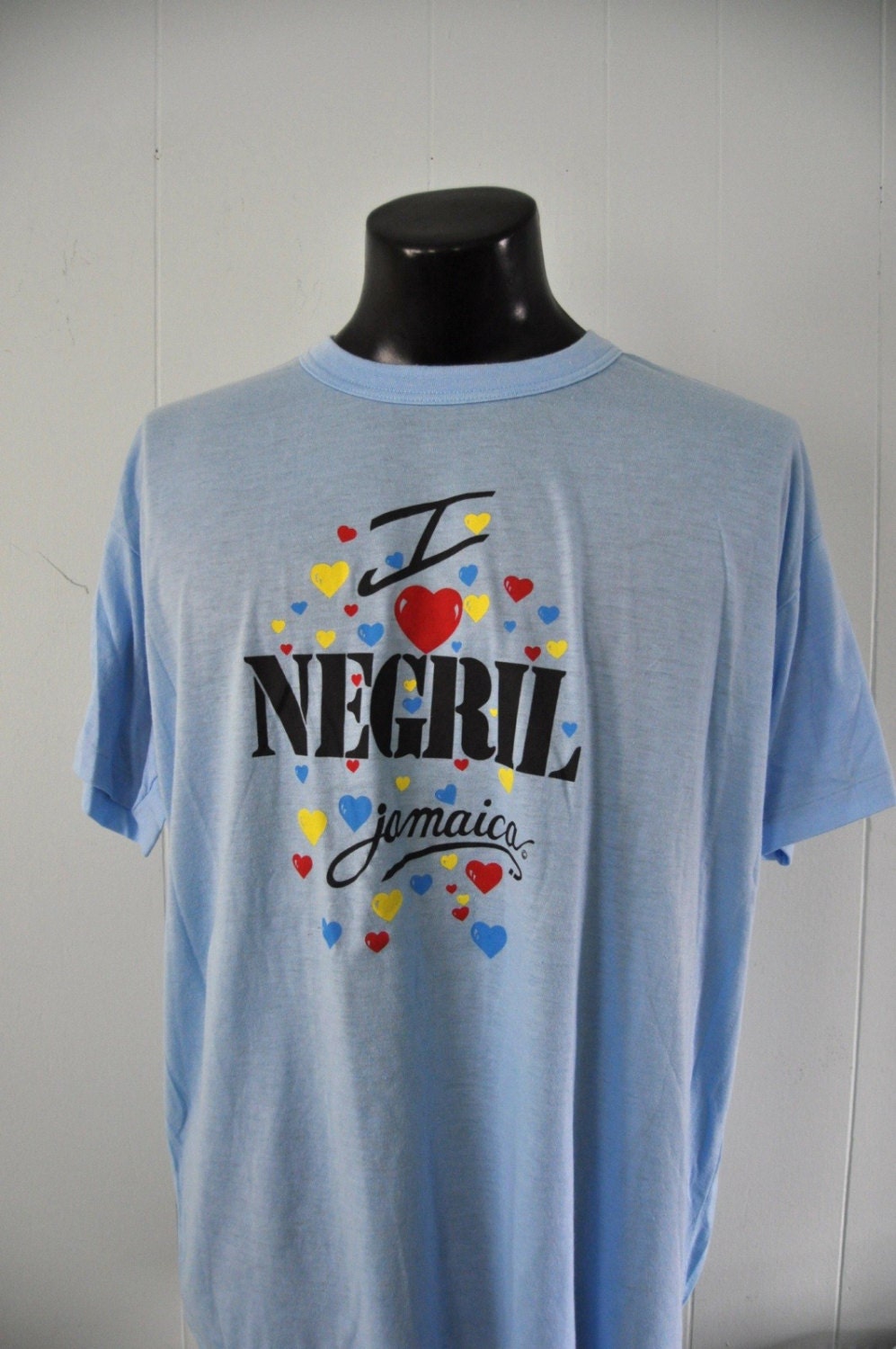 Vintage Jamica Tshirt Burnout Super Soft Thin Beach Coverup Negril Beach Powder Blue Tee 80s XXL