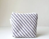 Zipper Pouch Bag in Navy Blue and White Striped Cotton Ticking Coin Purse