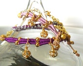 Chain Bracelet Handwoven in silk Gold filled and rhinestone beads - Metallic fashion -Bridesmaid peacock wedding
