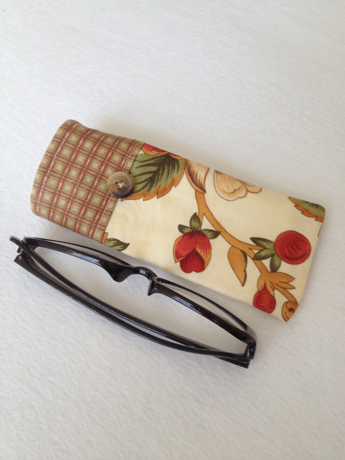 Reading Glasses Case - brown, red gold floral and plaid cotton fabric, small, soft eyeglasses sleeve, readers cozy