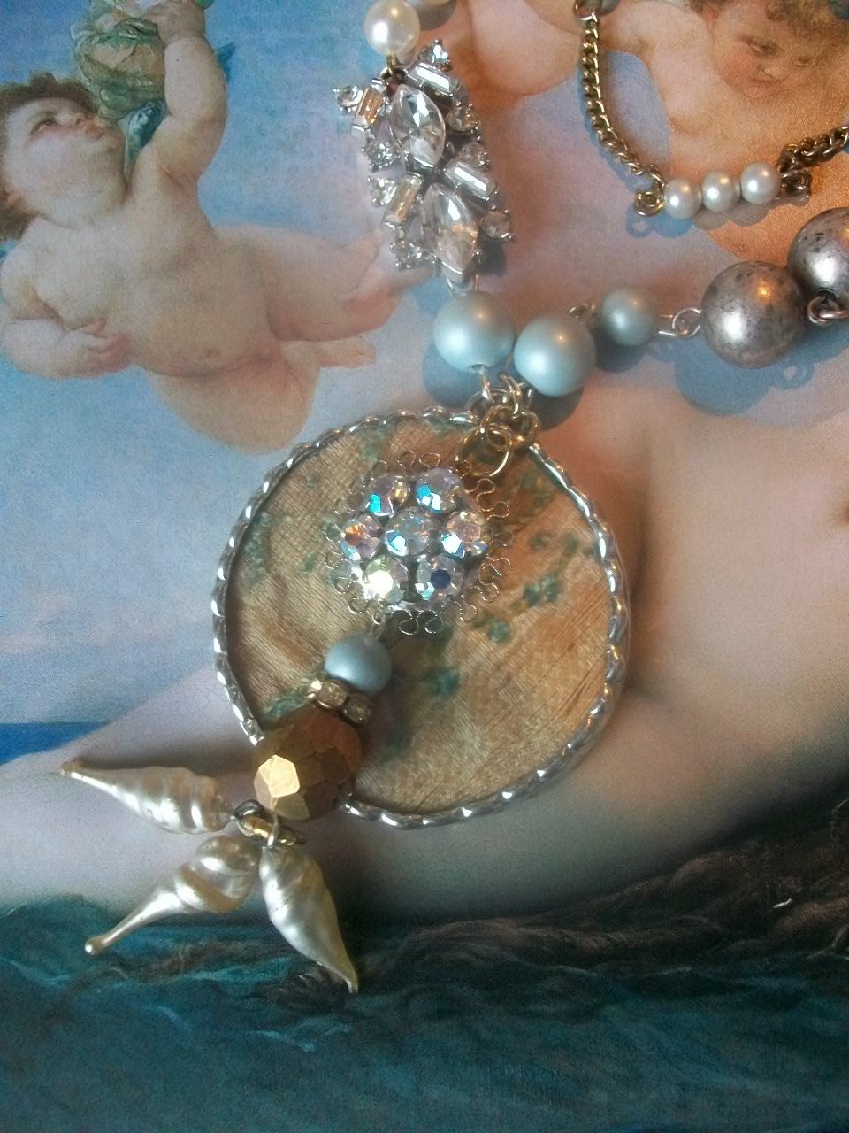 Tattered Dreams Vintage Victorian Crazy Quilt Soldered Pendant Rhinestone Assemblage Necklace French Blue Necklace