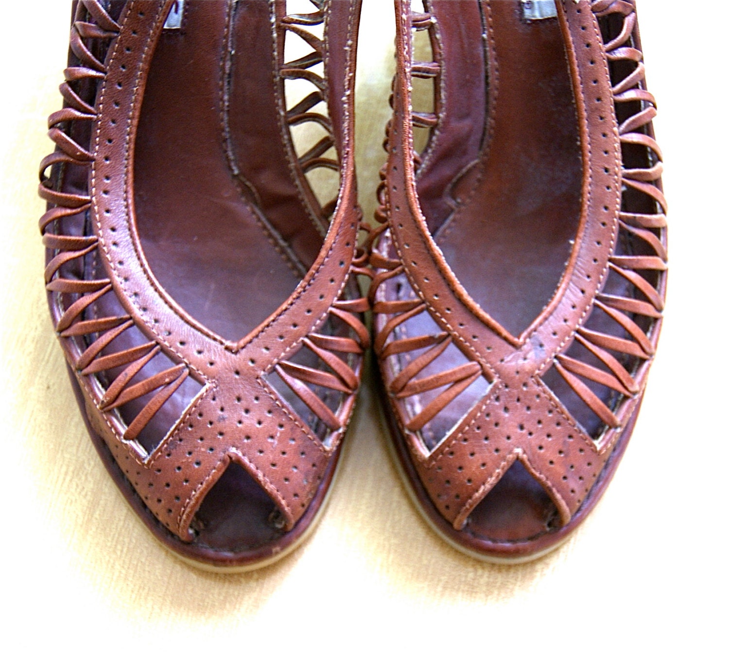 Woven Leather Heeled Sandals 7 - Vintage 70's-80's
