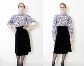 Vintage skirt / black velvet high waist a line midi skirt / size S