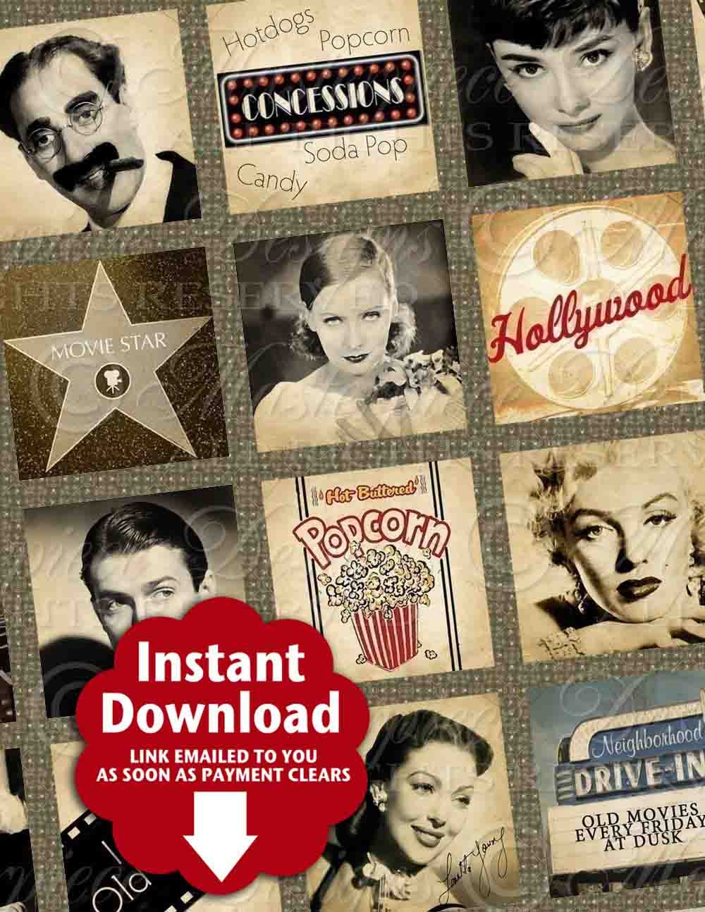Once Upon A Movie / Hollywood / Actors / Vintage - INSTANT DOWNLOAD 1x1 Inch Square Tiles Digital JPG Collage Sheet