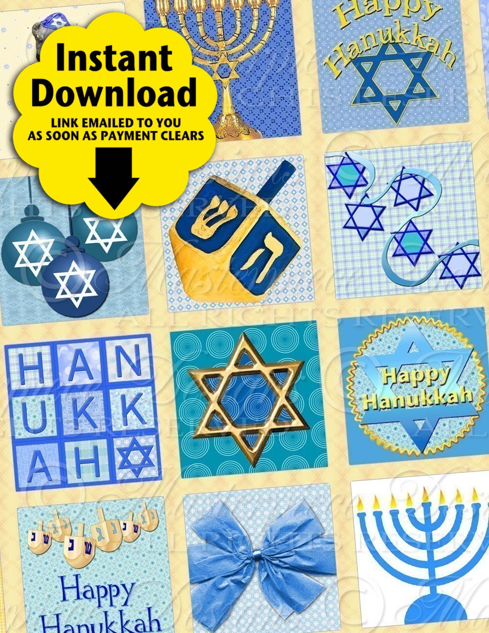 Happy Hanukkah / Chanukah / Festival Of Lights / Jewish - INSTANT DOWNLOAD 1x1 Inch Square Tiles Digital JPG Collage Sheet