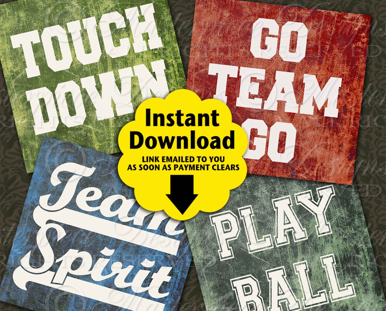 Team Spirit / Football / Baseball / Phrases / Coasters / Hang Tags - INSTANT DOWNLOAD 4x4 Inch Square Tiles Digital JPG Collage Sheet