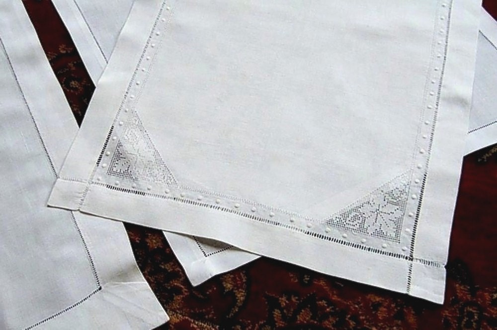 RUNNER Table Dresser Scarf PURE LINEN Drawnwork Hemstitching Embroidered Set 3