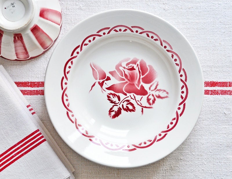vintage french bowls with red rose pattern - set of 6