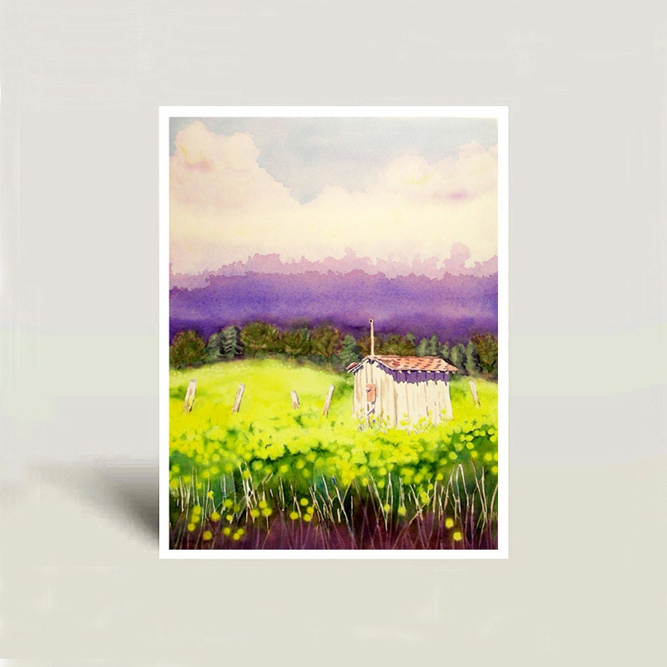 Landscape Art - Paintings Watercolors Prints - California Landscape, Farm Art - Home Decor - Men Women - Yellow Purple  Rustic 10.5 x 13.5