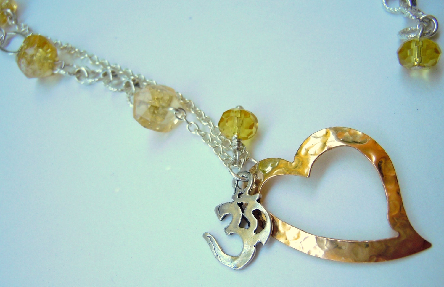 ONE LOVE Gold hammered heart and sterling OM with citrine wire wrap necklace