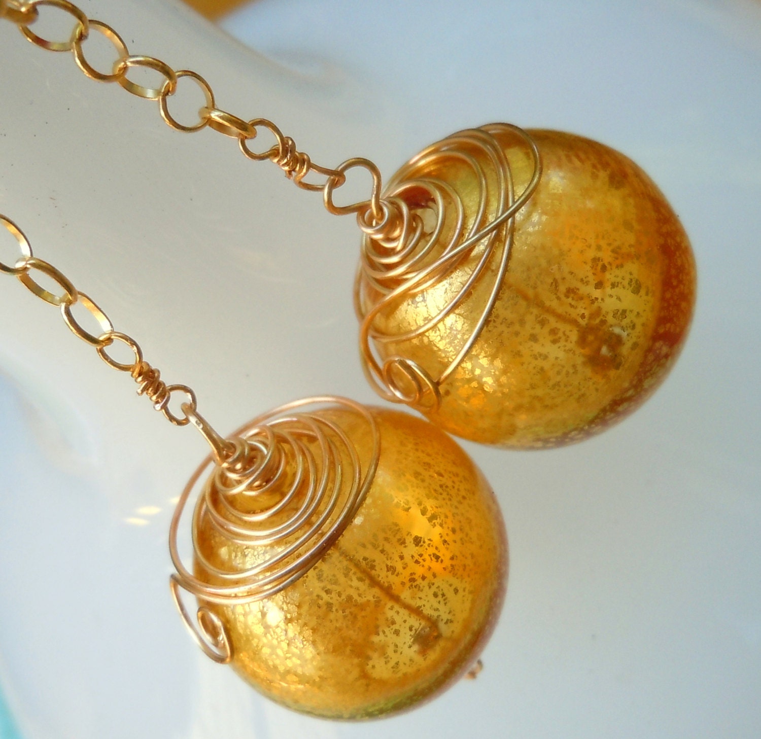 Gold Venetian hand blown glass dangle earrings