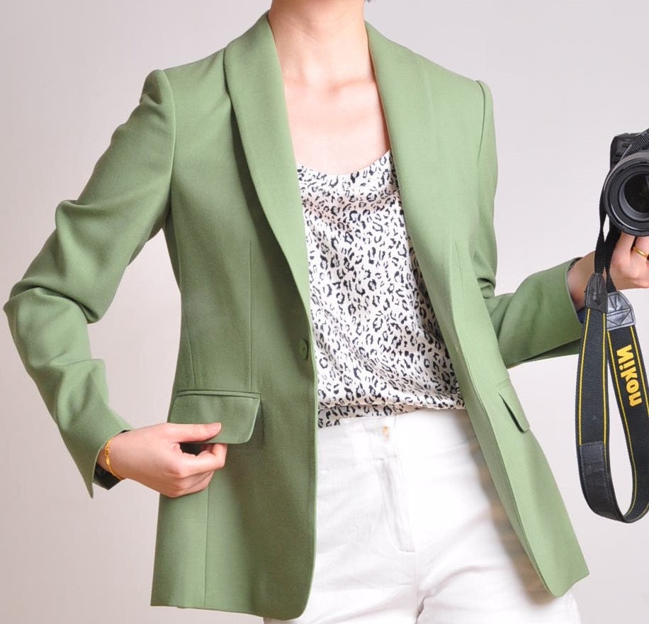 Green Virgin Wool Long Sleeves Women Suit Jacket Blazer
