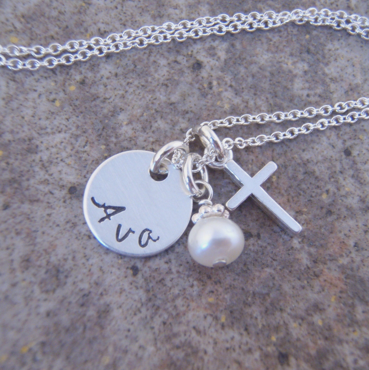 First communion necklace - Girl's cross and TINY name necklace with pearl or birthstone crystal accent  -Sterling Silver name necklace