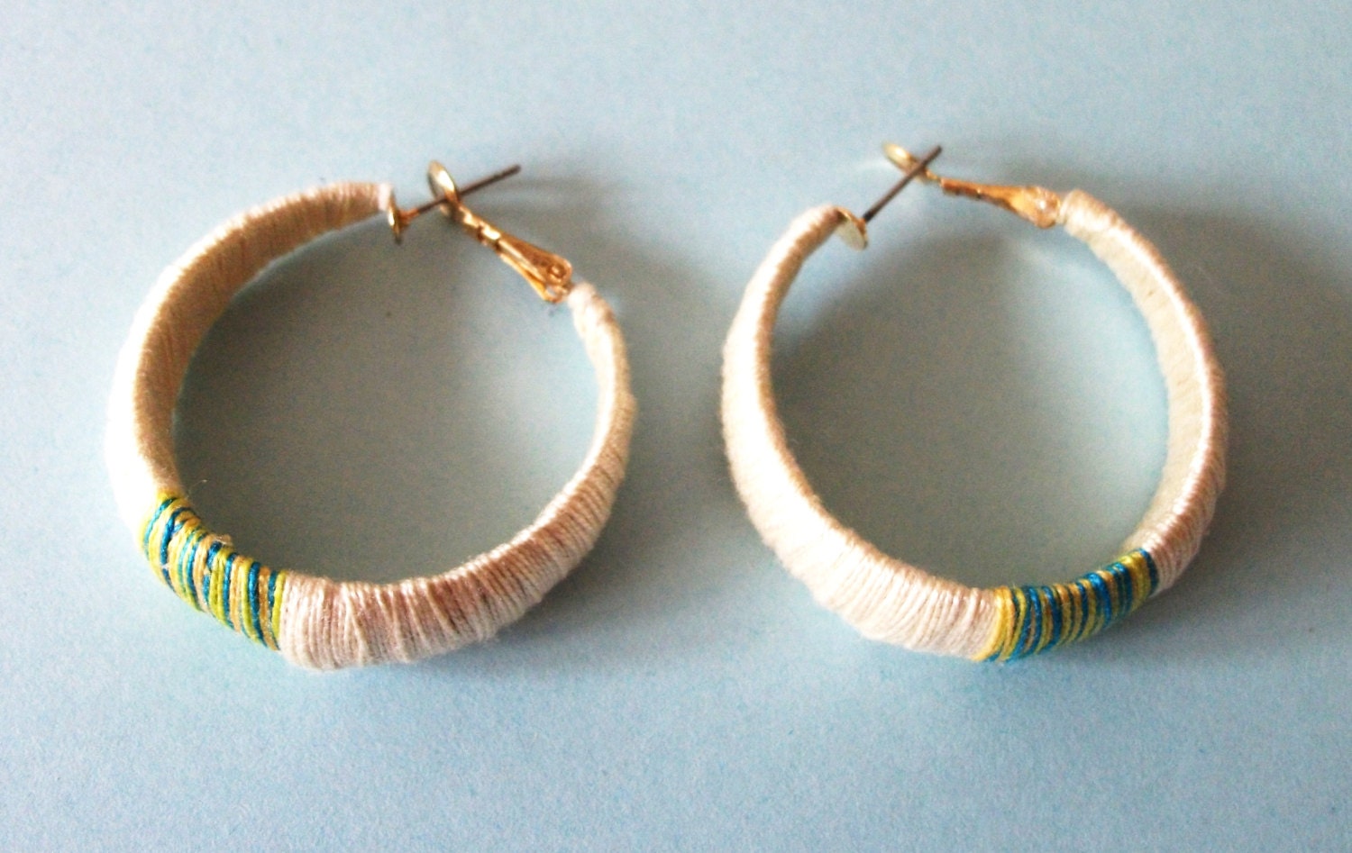 White Multicoloured Yarn Wrapped Hoop Earrings