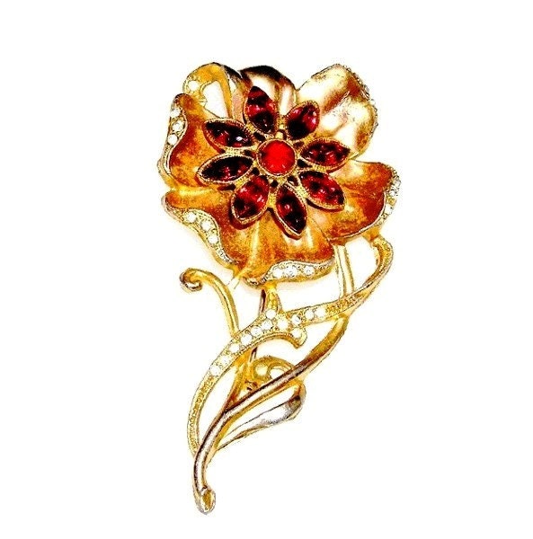 Art Deco Red Diamante Flower Brooch