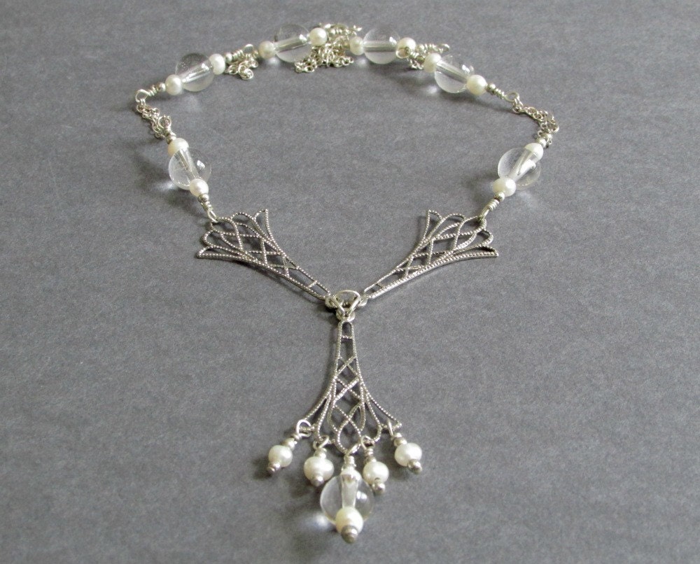 Sterling Silver Necklace / Clear Quartz Necklace / Ivory Freshwater Pearl Necklace / Silver Filigree Necklace / Y Necklace - Divinity