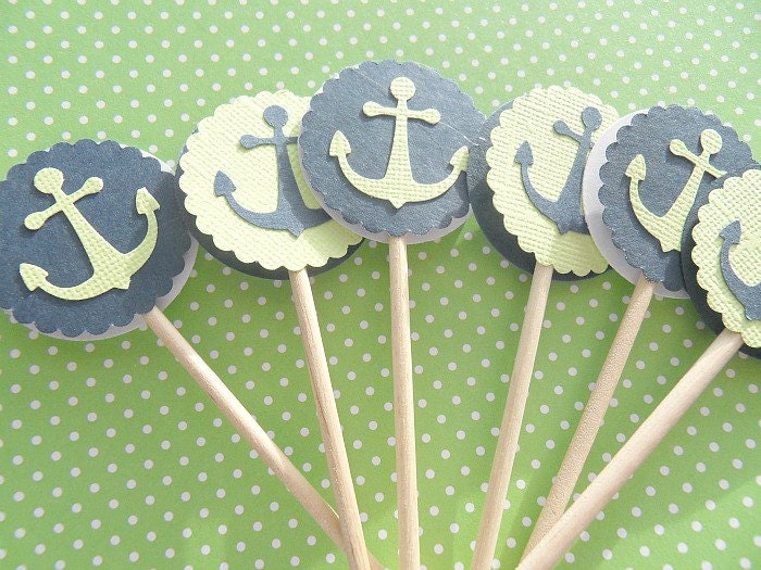 Nautical  Cupcake Toppers -  Set of Ten (10)  Baby Shower Cupcake Toppers - Party Decor - Nautical Cake Toppers - GBCT