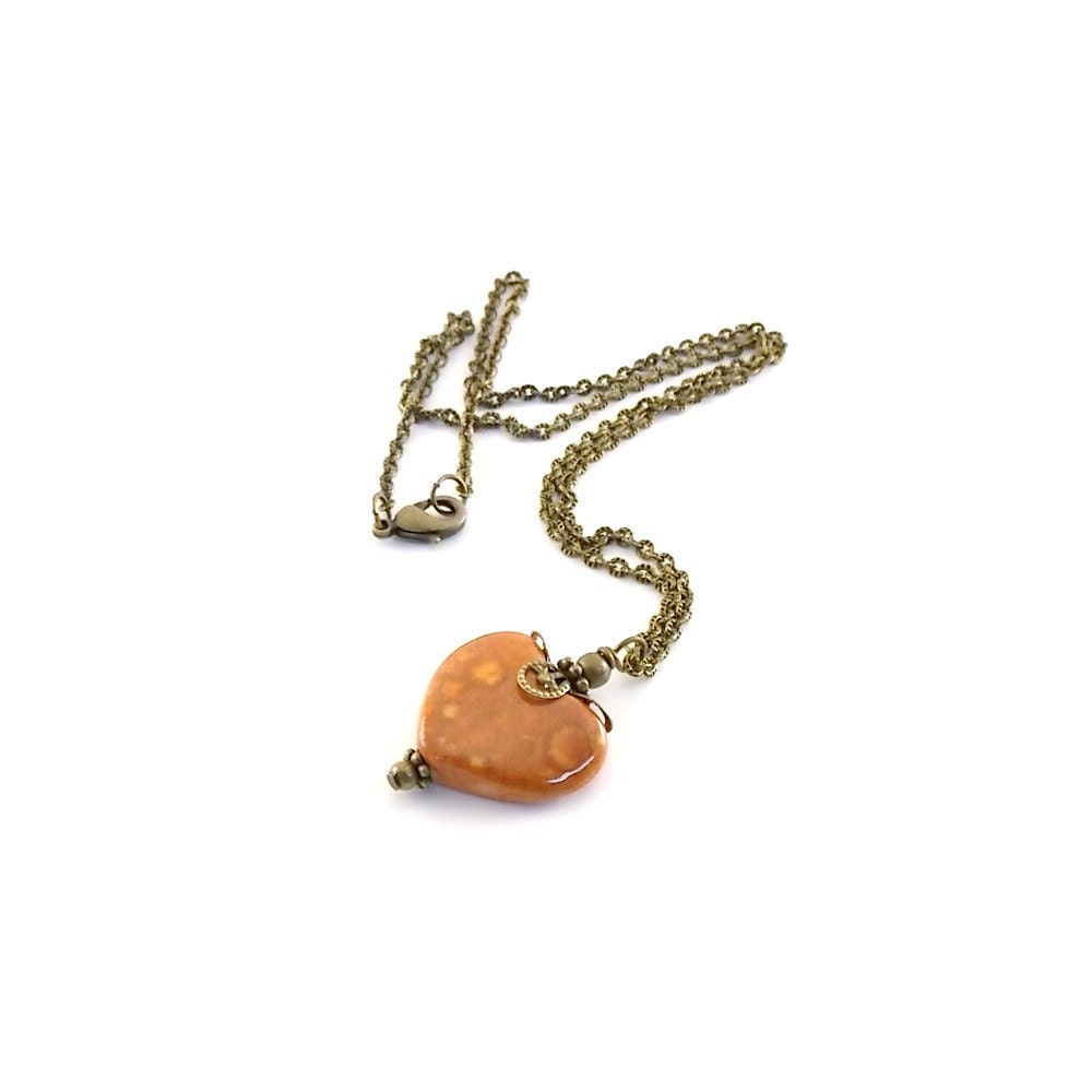 Burnt Orange Heart Necklace Antique Brass Simple Style