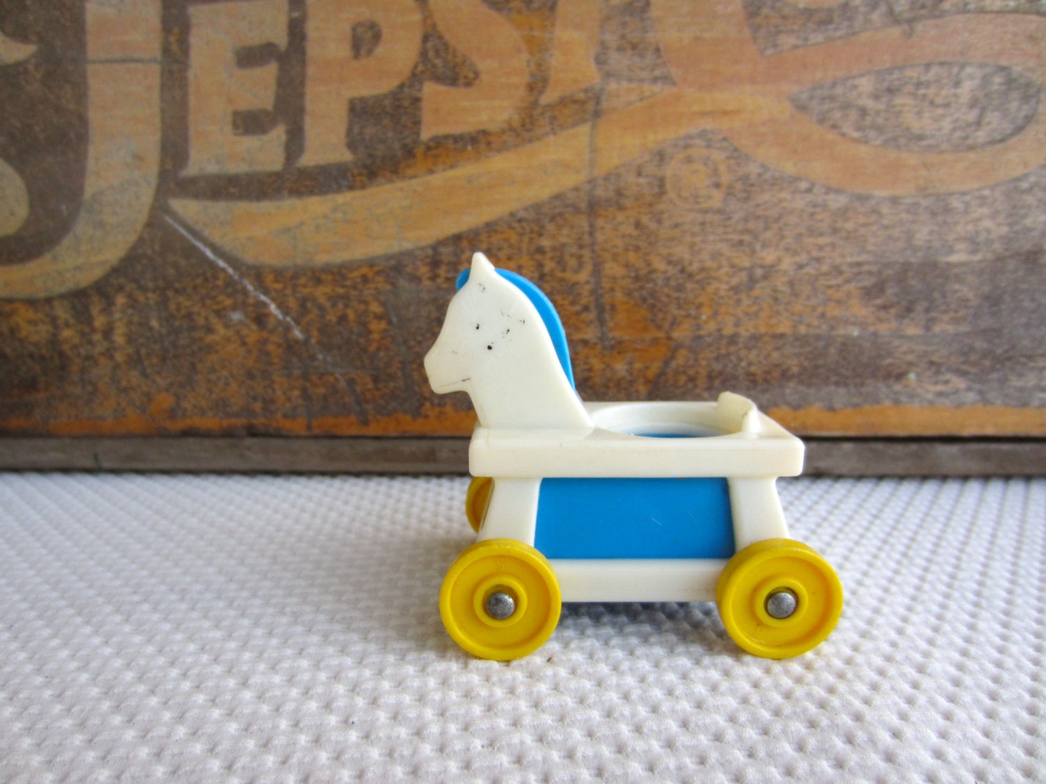 Vintage Fisher Price Little People Riding Horse Blue White Yellow Wheels