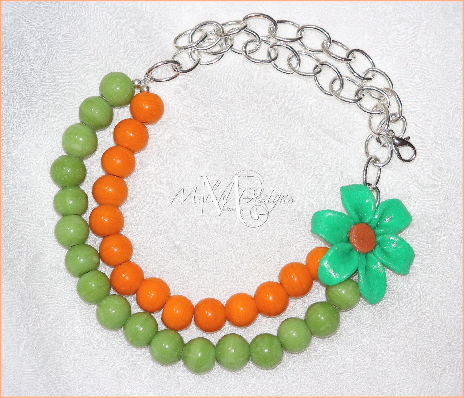 Peach Green Polymer Clay Flower Necklace
