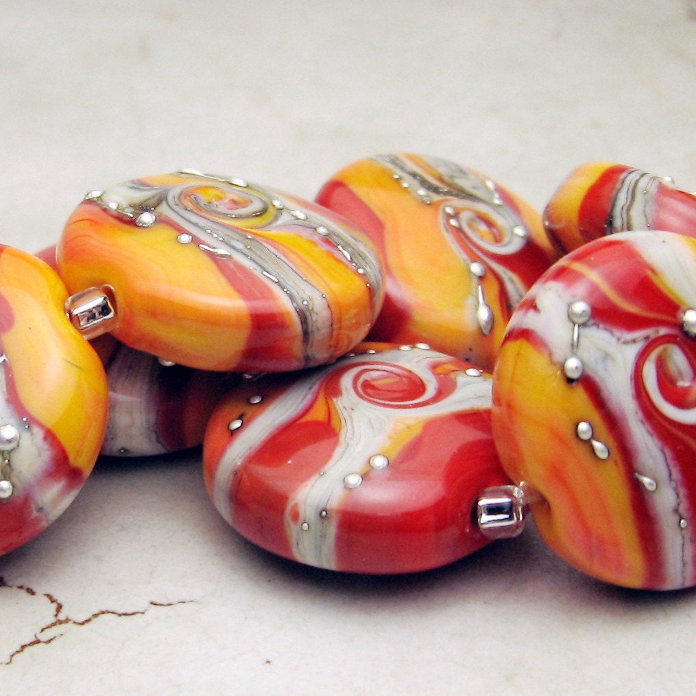 Handmade Lampwork Glass Bead Set, Organic Lentil Coral Apricot Orange Silver 'Mango Salsa'