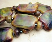 SRA Lampwork Glass Bead Set Tie Dye  - Magenta Blue Green Purple Freeform Asymetrical Shape