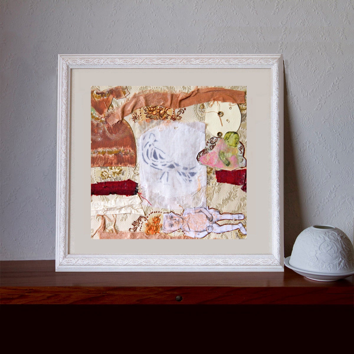Collage abstract Painting 8x9 Mixed media drawings children, bird, flowers on vintage wallpaper, silk  blue orange, gray, pink