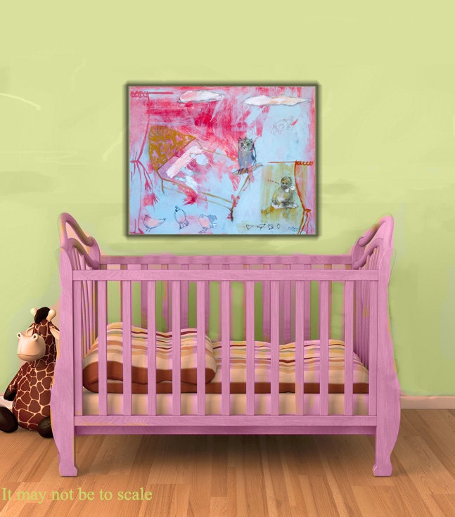 Painting original abstract canvas Modern wall Art  turquoise pink orange red ocher baby hens owl animals bed