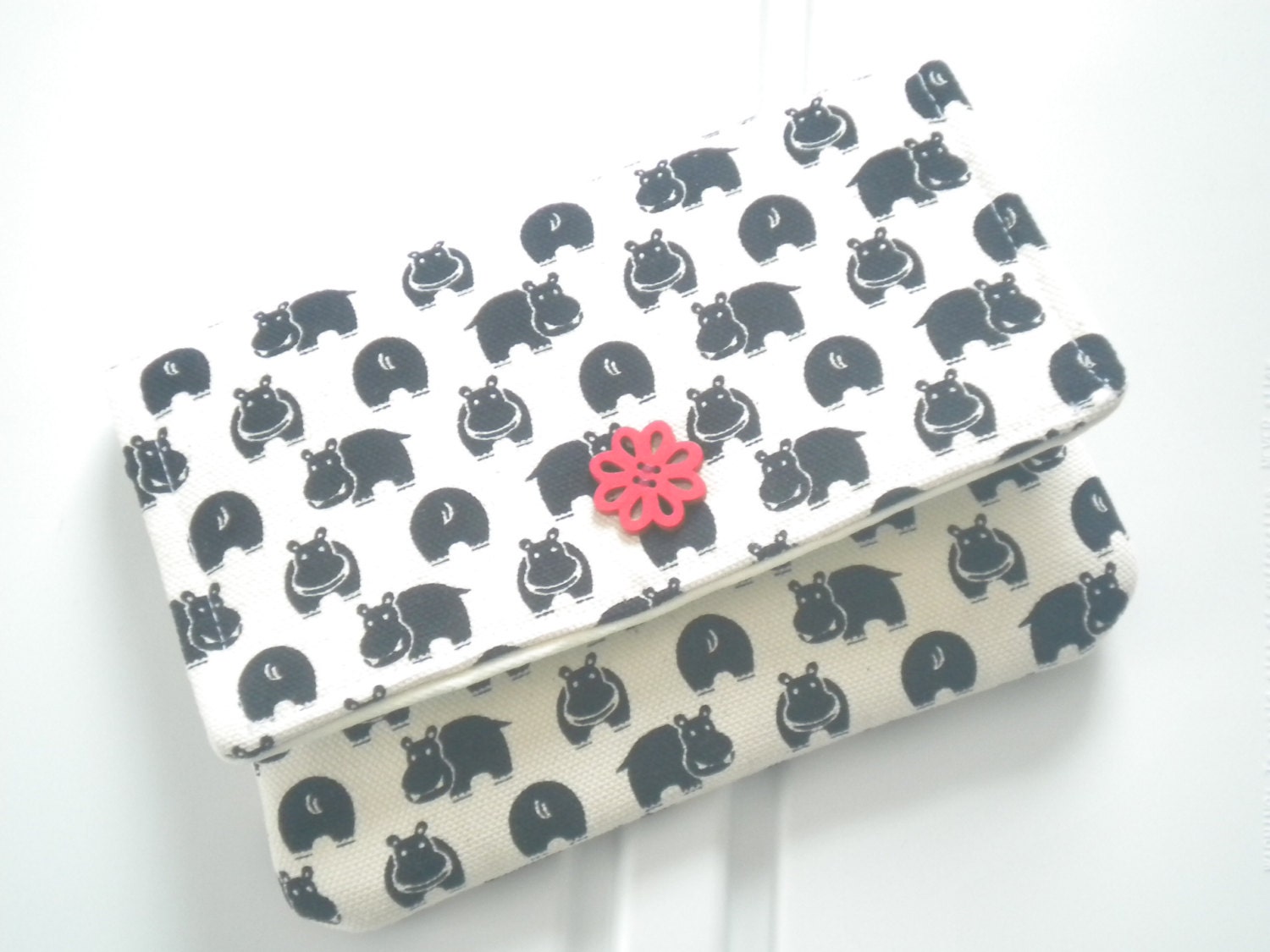 Hippo Zipper Pouch 2 Pocket Black and White Phone Wallet Card Wallet