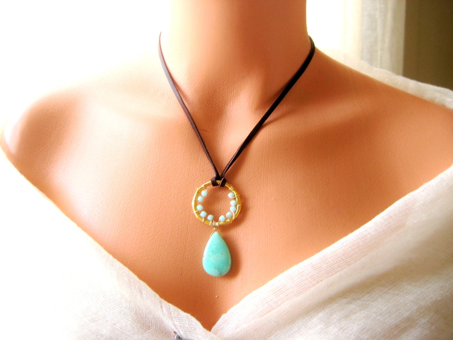 Leather Chrysoprease green/mint wire wrapped gold necklace