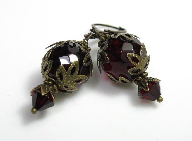 Czech Glass Vintage Style Dangle Earrings, Swarovski, Garnet Red, Womens Accessories, Red Fashion Jewelry, Gifts for Her, Antiqued Brass