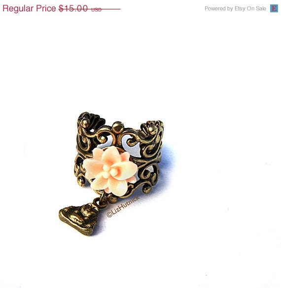 Holiday SALE Lotus and Buddha Ring. Adjustable. Light Peach Lily Ring. Charm Rings by Liz Hutnick