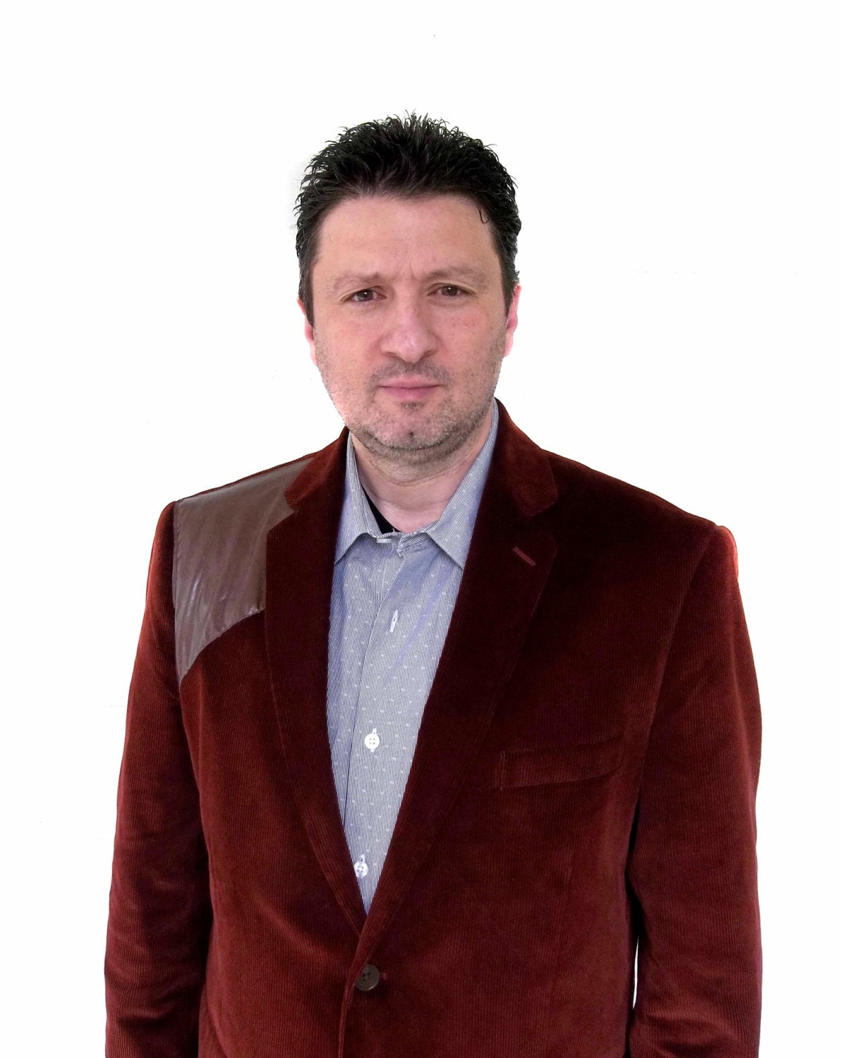 Men's Sports Coat, Blazer, Suit Coat, Rust Corduroy with Leather Shoulder Patch, Brown, Size 46R