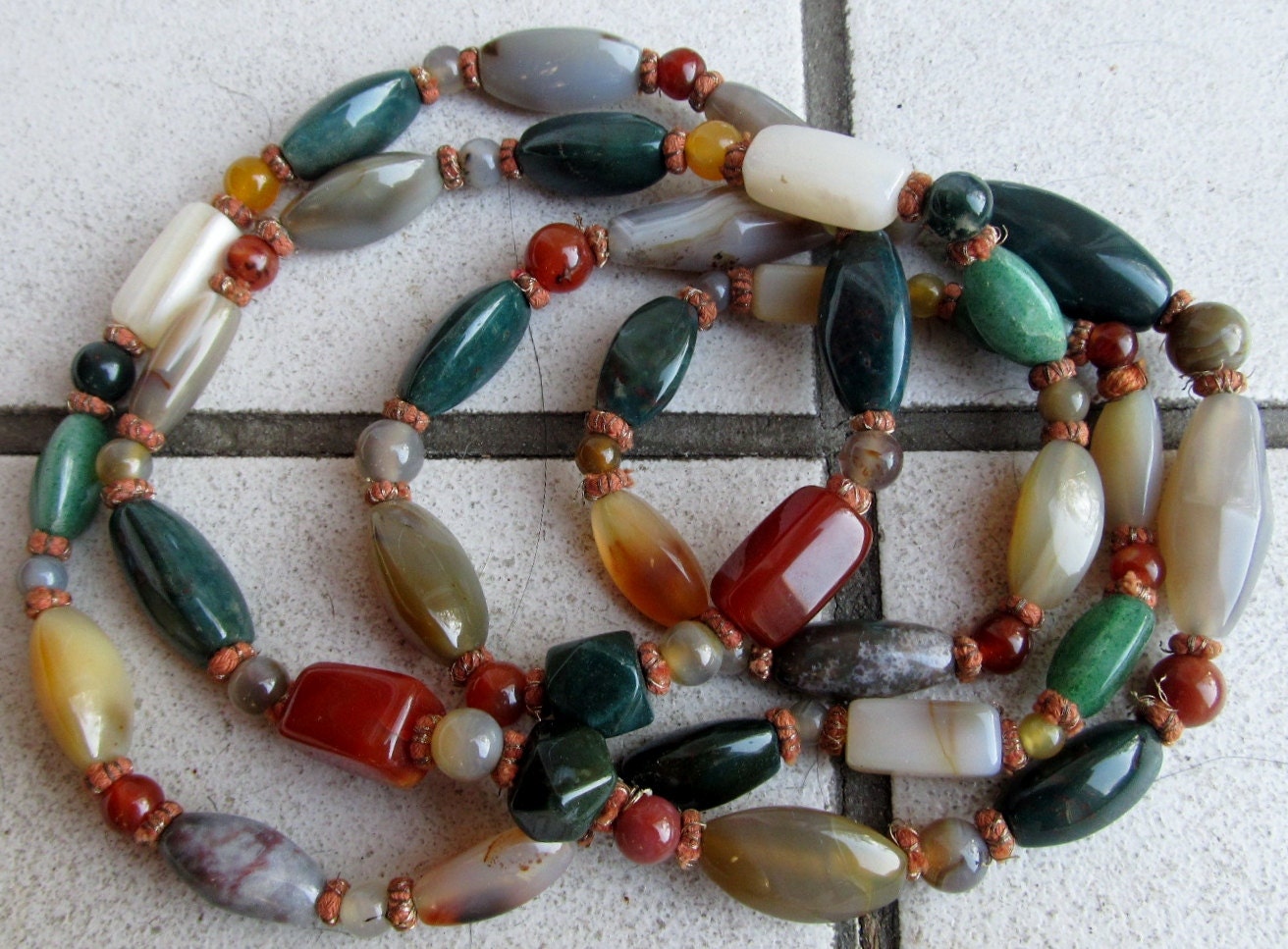 Vintage Antique Gemstone Beggars Beads Necklace 52" on Silk