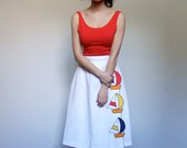 Wrap Around Skirt White Vintage 70s Summer Skirt Sailboat Yellow Blue Red Nautical Skirt A line - Large L