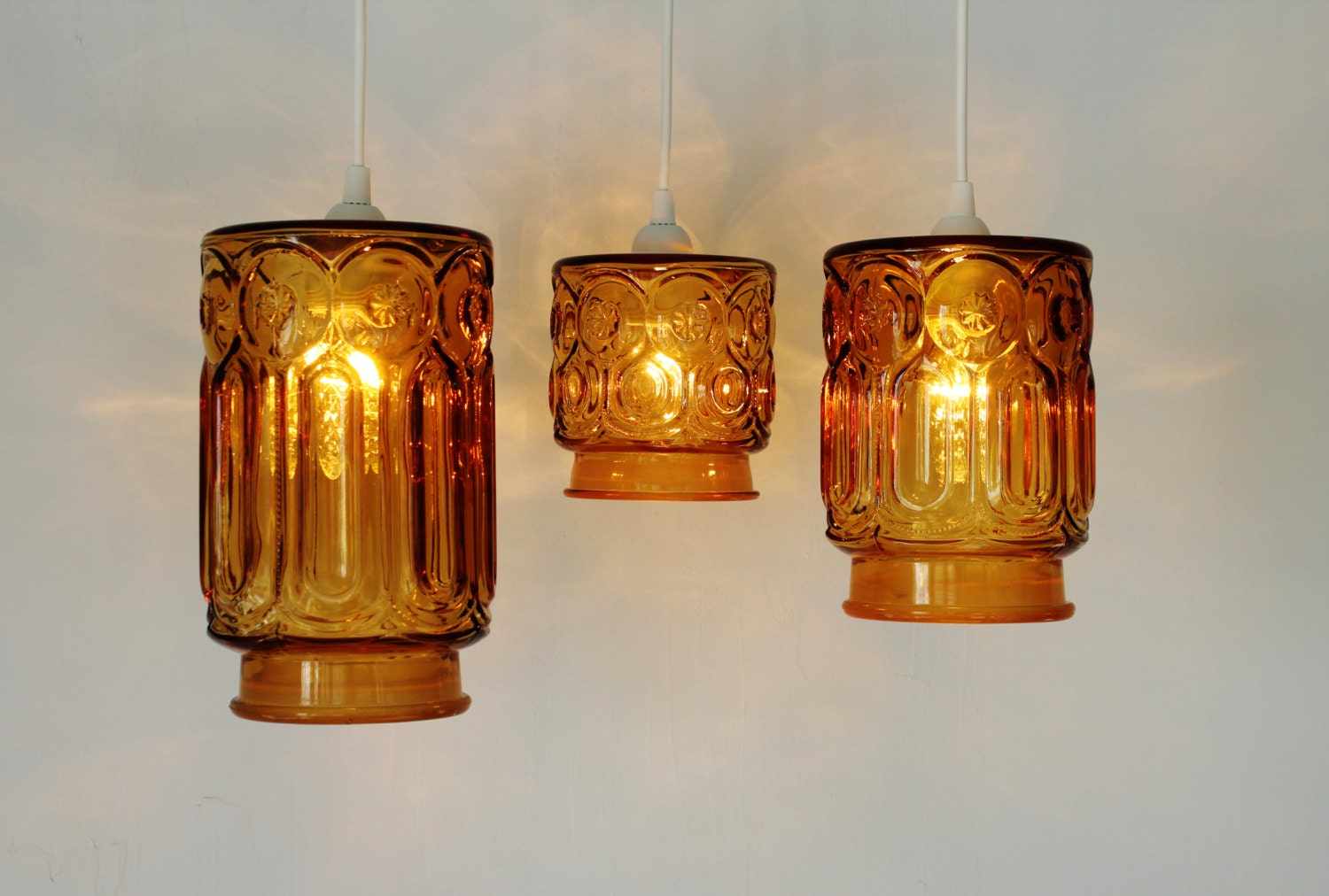 Amber Stars and Moons - 3 Upcycled Hanging Pendant Lighting Fixtures made from Vintage Amber Glass Kitchen Canisters - OOAK BootsNGus Lamps