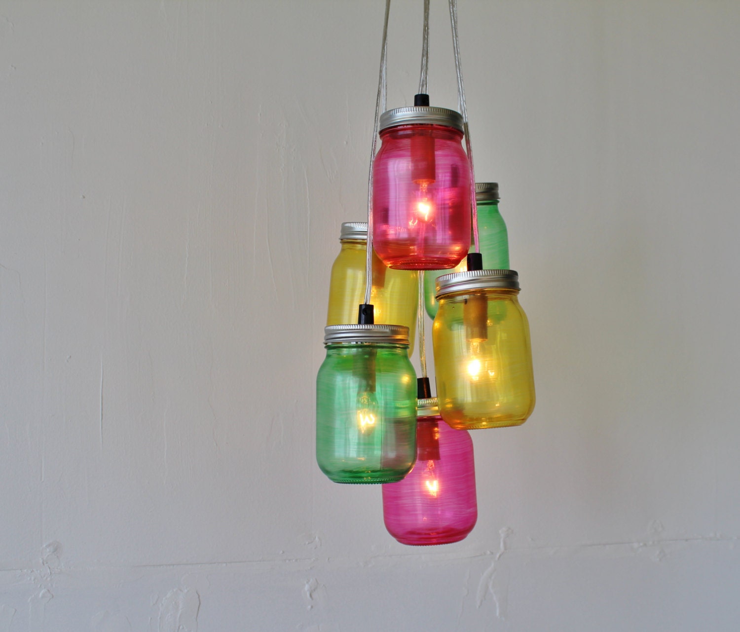 Candy Mason Jar Chandelier - Featuring 6 Painted Jars in Pink, Green, Yellow - Direct Hardwire Hanging Lighting Fixture - BootsNGus Lamps