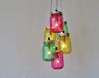 Candy Mason Jar Chandelier - Featuring 6 Painted Jars in Pink, Green, Yellow - Direct Hardwire Hanging Lighting Fixture - BootsNGus Lamps