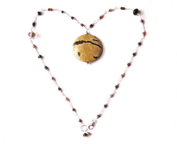 Love the Earth dendritic agate pendant necklace- black and tan stone disc and sterling silver statement necklace- natural- boho chic