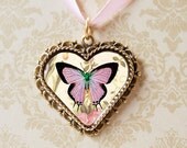 Lavender Pink Butterfly Valentine Heart Pendant - Filigree Gold Heart Charm - Heart Jewelry