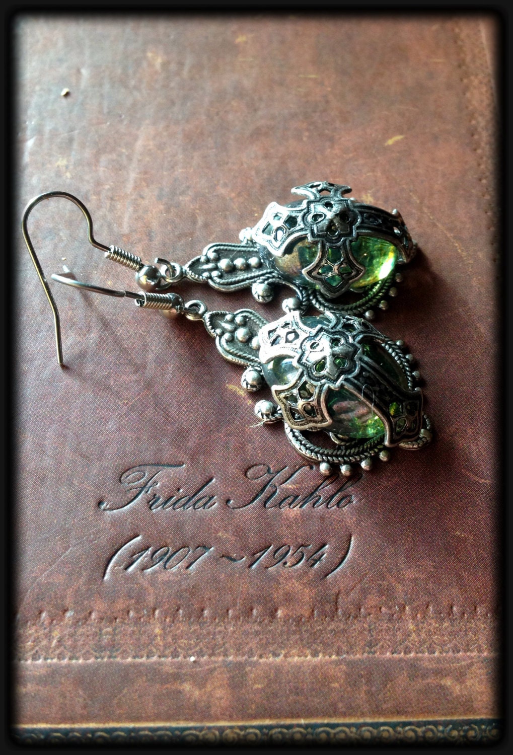 Pale Green Medieval Cross Earrings
