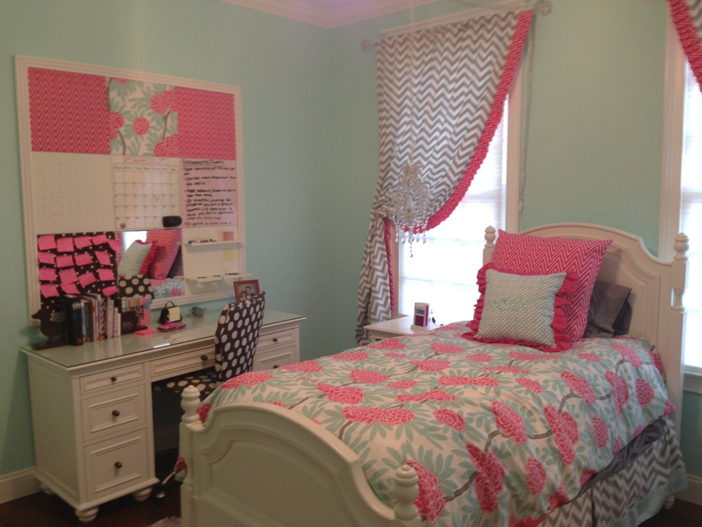 YOU DESIGN Custom 2 piece Crib Bedding Set - Bumper and Skirt - Navy, Pink, and White on Light Aqua Caitlin Wilson fabric