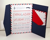 Travel Theme Pocketfold Wedding Invitations - Red And Navy colors with postal stripes and airplane